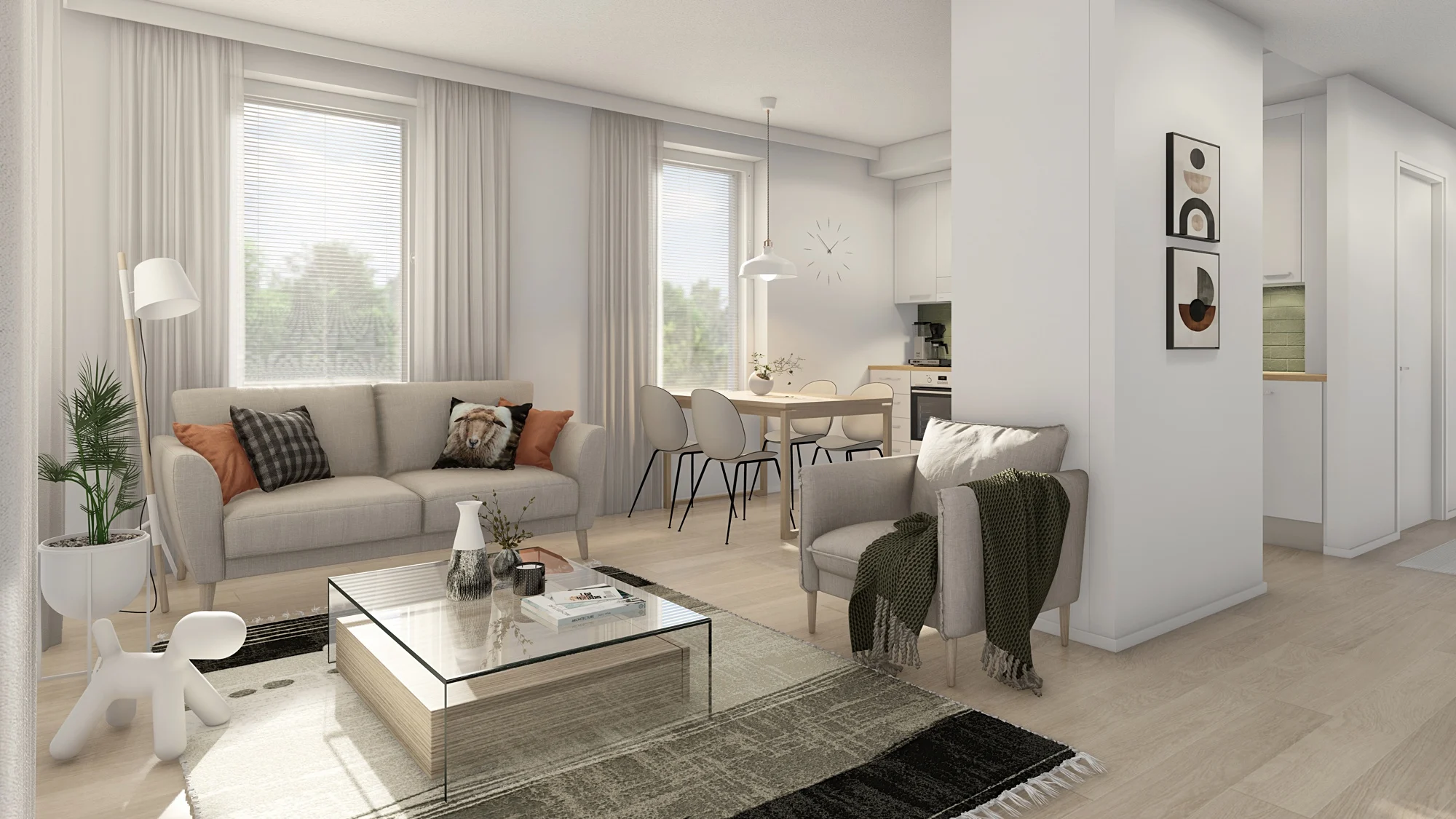 Havainnekuva Sammallehdon 60,0 m² saunallisesta kolmiosta.