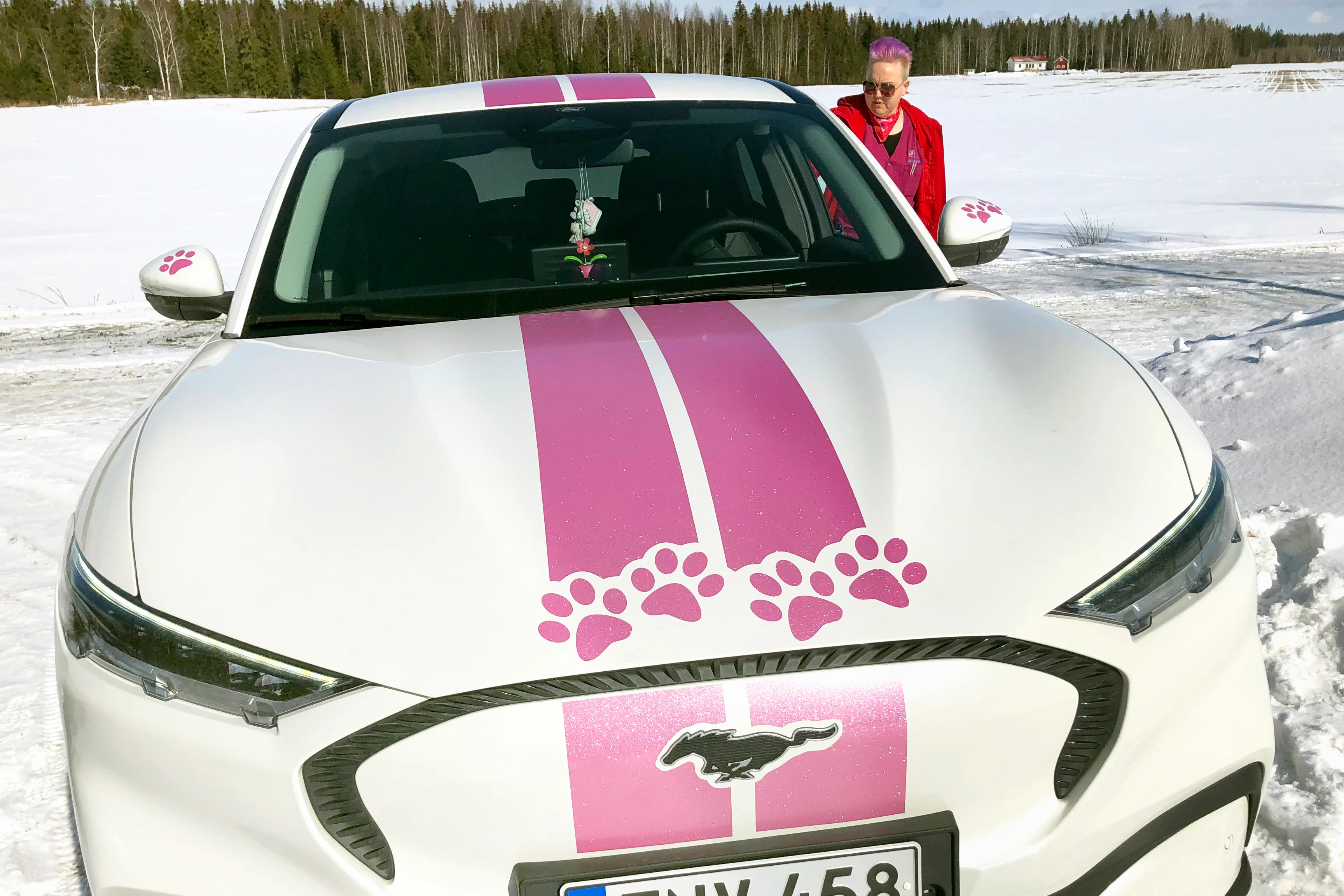 Päivi Färm on teippauttanut autonsa persoonallisiksi jo pitkään. Pinkki kertoo hänen lempiväristään ja tassut koiraharrastuksesta.
