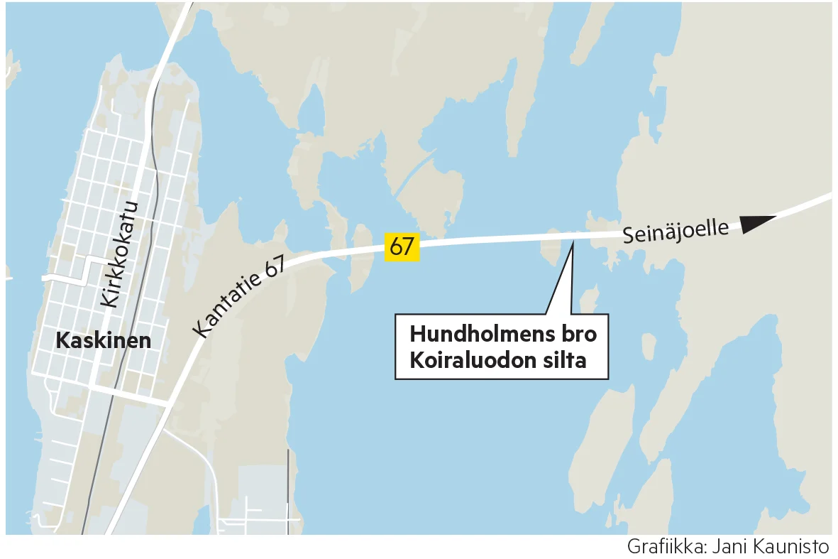 Koiraluodon silta on ensimmäinen silta tultaessa Seinäjoen suunnasta Kaskisiin.