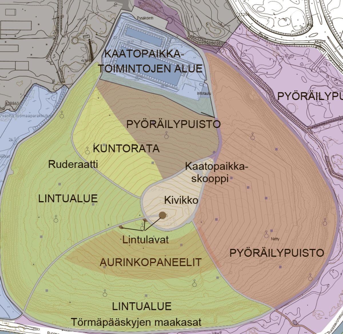 Suunnitelmassa Suvilahden huippu on jaettu lintu-, kuntorata ja maastopyöräilyalueeseen sekä alueeseen aurinkopaneeleille.