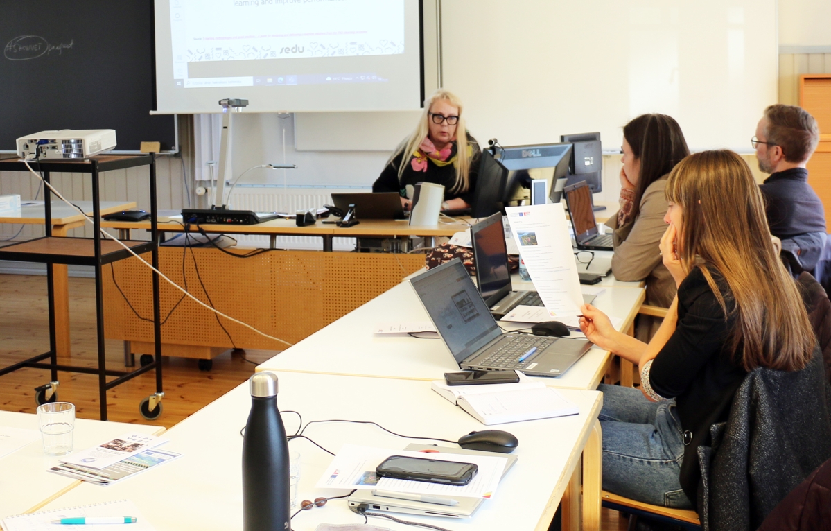 Kehittämispäällikkö Minna Haasio Sedusta esitteli e-oppimisen perusteita Show-VET-hankkeen osallistujille.