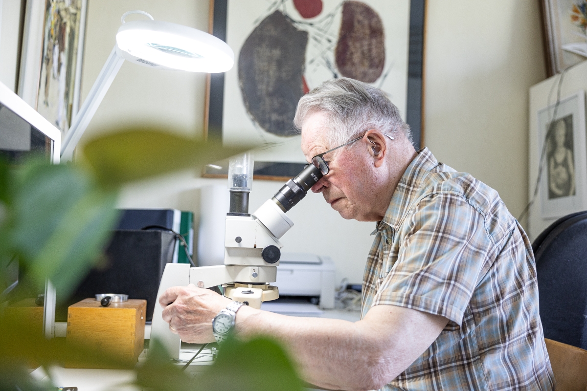 Mikroskooppi on perhostutkijalle tärkeä työväline. Seppo Kontiokarilla on kotonaan työhuone, jossa hän lähes päivittäin tutkii perhosia ja kirjoittaa niistä tiedeartikkeleita. 