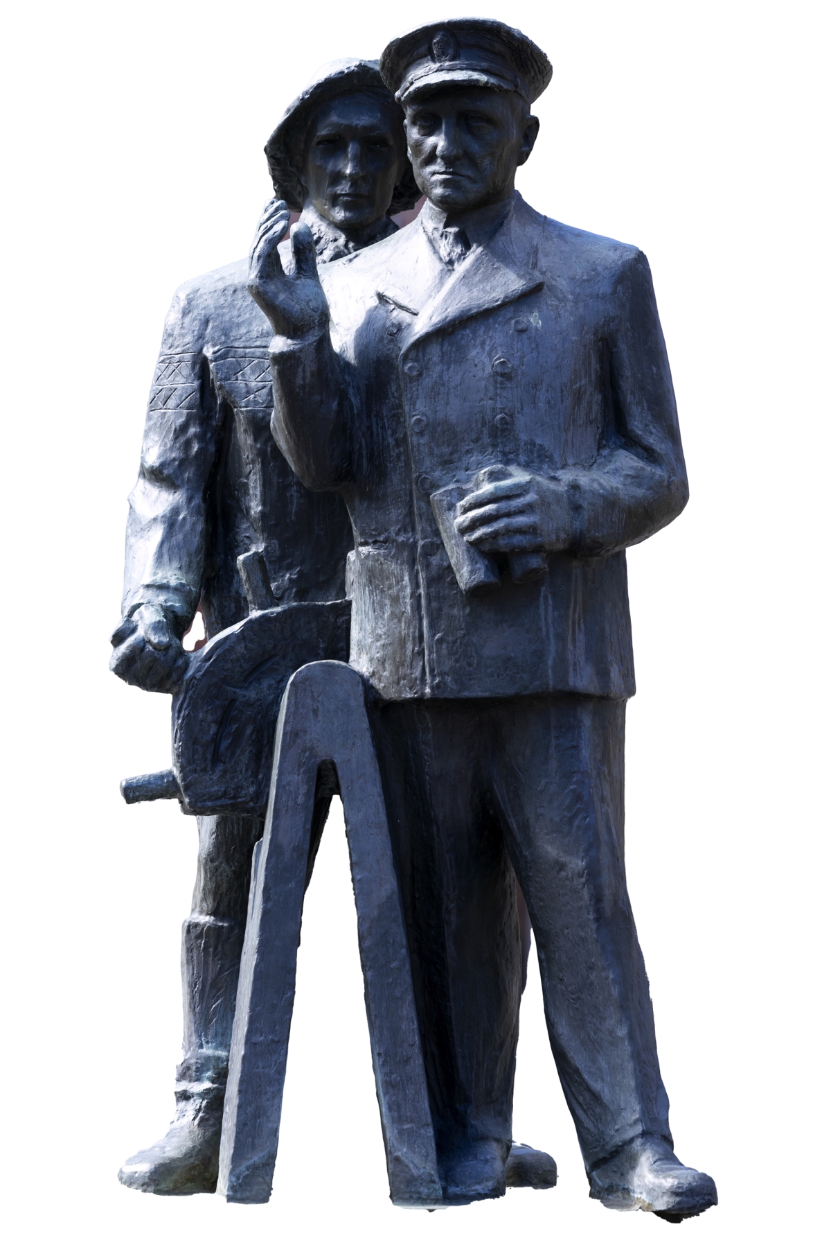Patsas numero 14. Luotsi-patsas seisoo suihkukaivossa, joka sijaitsee Vaasan kirkon puistossa, kirkon ja kaupungintalon välissä. Luotsin takana seisoo ruorimies, jolla on sydvesti päässään (1959).
