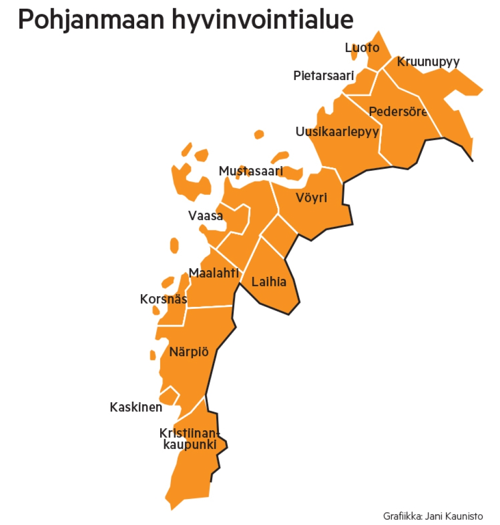 Pohjanmaan hyvinvointialueeseen kuuluu 14 länsirannikon alueen kuntaa.