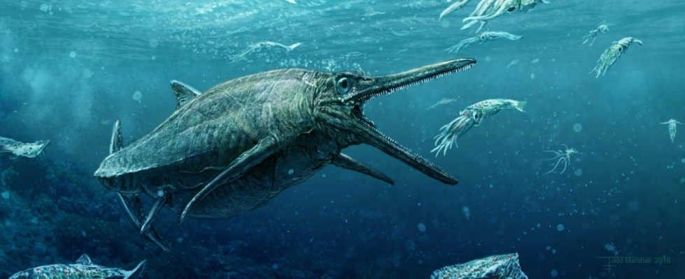 Taiteilija Todd Marshallin näkemys muinaisesta iktyosauruksesta. LEHTIKUVA/AFP/Edinburghin yliopisto