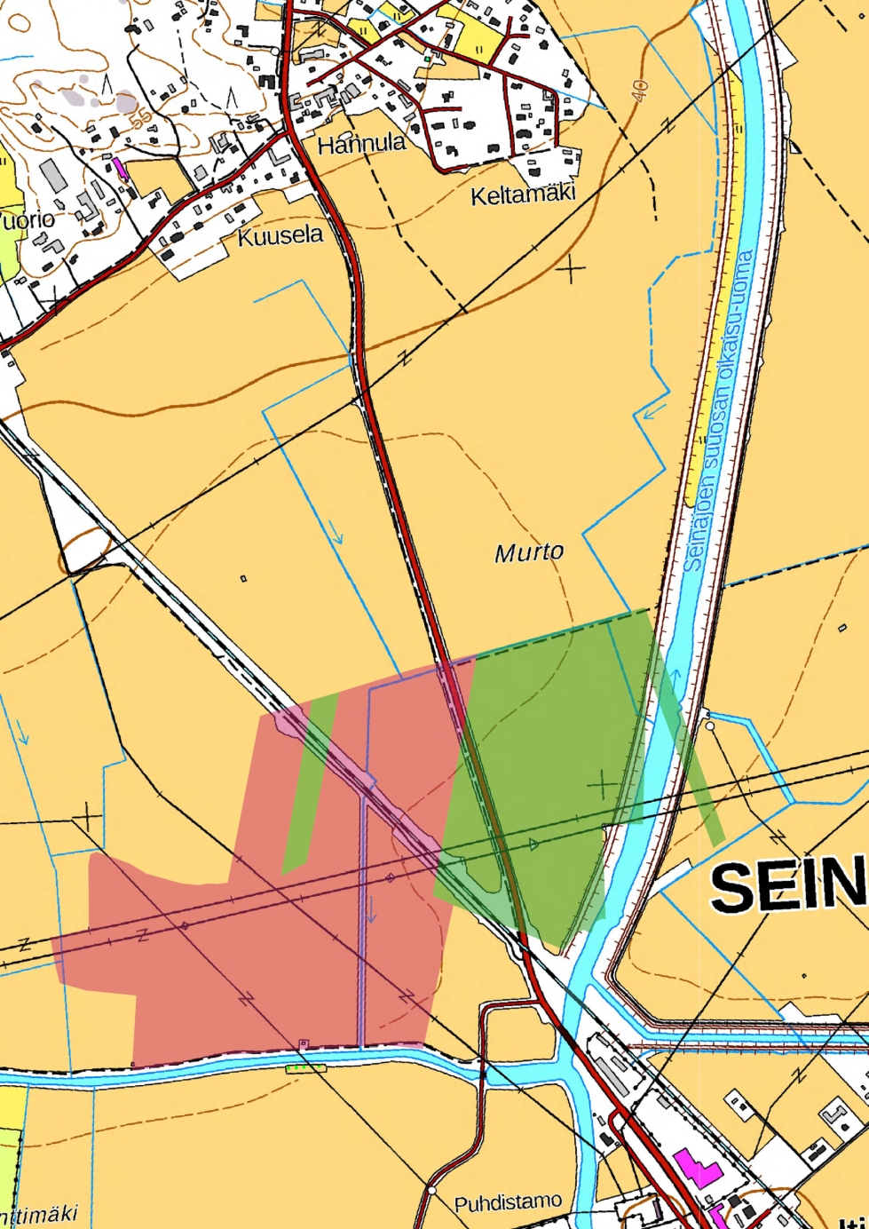 Maanmittari Pehr Kiellman mittasi 1750-luvulla Ala-Seinäjoen pellot ja niityt. Kartassa näkyvät hänen kartoitustensa mukaisesti Rinta-Murron (punaisella) ja Lalva-Murron (vihreällä) niittysarat. 