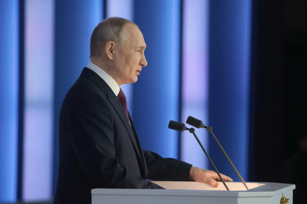 Venäjän saavutusten osalta presidentti Vladimir Putin kehui tiistain puheessa erityisesti maan taloustilannetta haastavissa oloissa. Sotasaavutuksilla hän ei päässyt kehuskelemaan. LEHTIKUVA/AFP