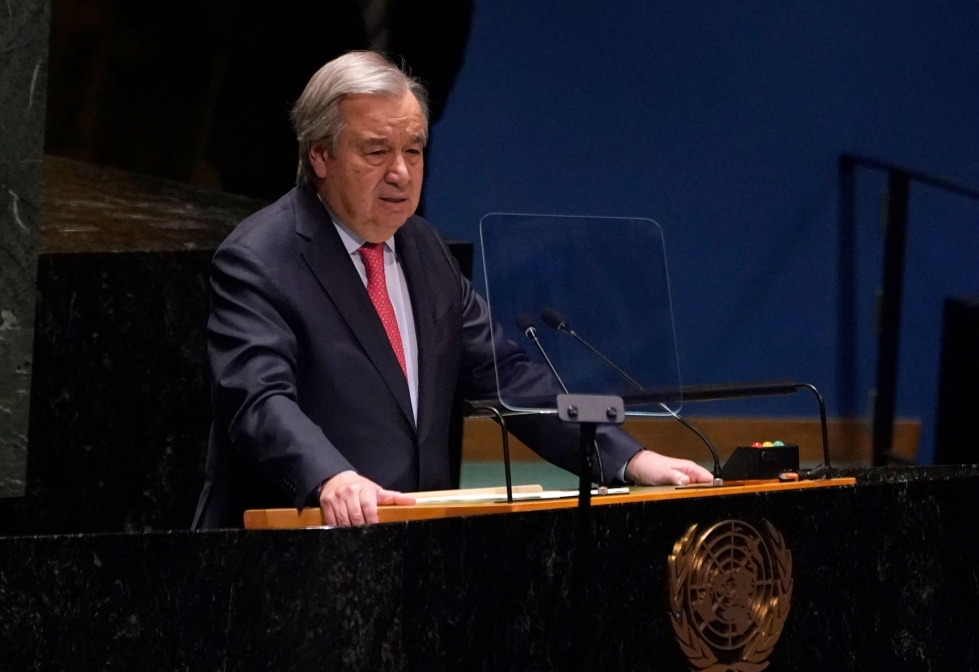 YK:n pääsihteeri Antonio Guterres tuomitsi Venäjän hyökkäyksen Ukrainaan puheessaan YK:n yleiskokouksessa. LEHTIKUVA/AFP