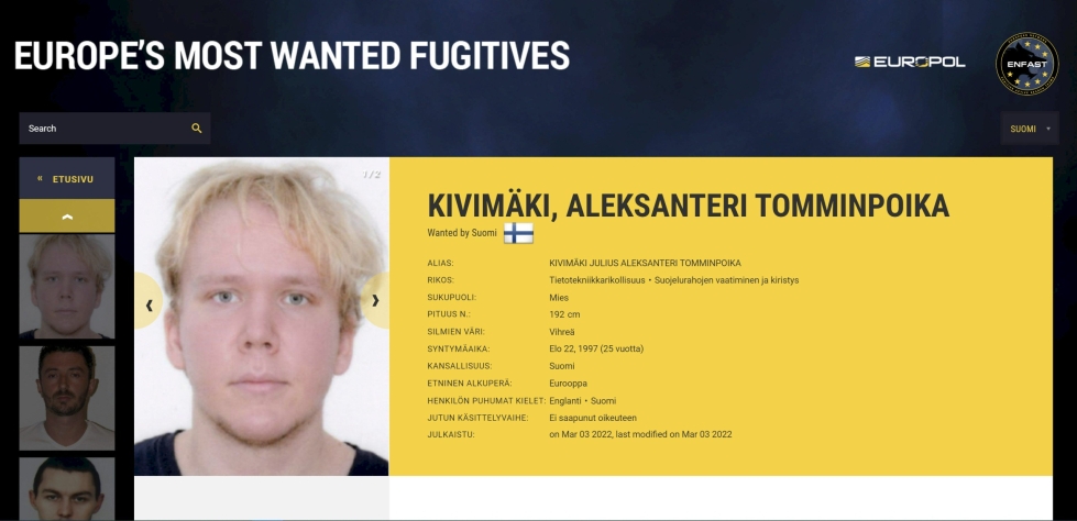 Vastaamon tietomurrosta epäilty Aleksanteri Kivimäki, 25, vangittiin käräjäoikeudessa viime syksynä poissaolevana. LEHTIKUVA
