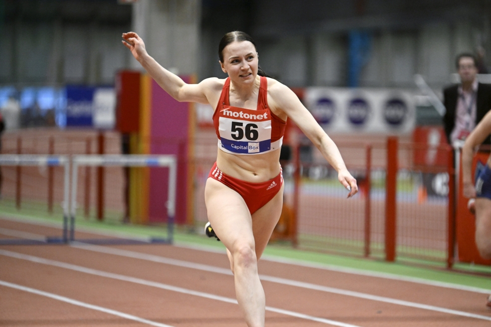 Reetta Hurske on Euroopan tilastossa toisena. Sunnuntaina hän voitti naisten 60 metrin aitajuoksun finaalin SM-hallikilpailuissa Helsingissä. LEHTIKUVA / Markku Ulander