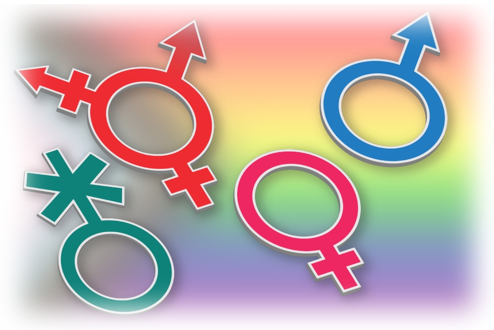 Suomessa on käytössä kaksi juridista sukupuolta, nainen ja mies. Joissain maissa on käytössä kolmas juridinen sukupuoli, josta myös Suomessa käydään keskustelua. Kuvassa on ei-binääristen, transsukupuolisten, naisten ja miesten symboli.