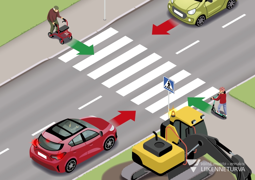 Autoilija väistää jalankulkijaa, joka ylittää suojatien tai on aikeissa ylittää sen.