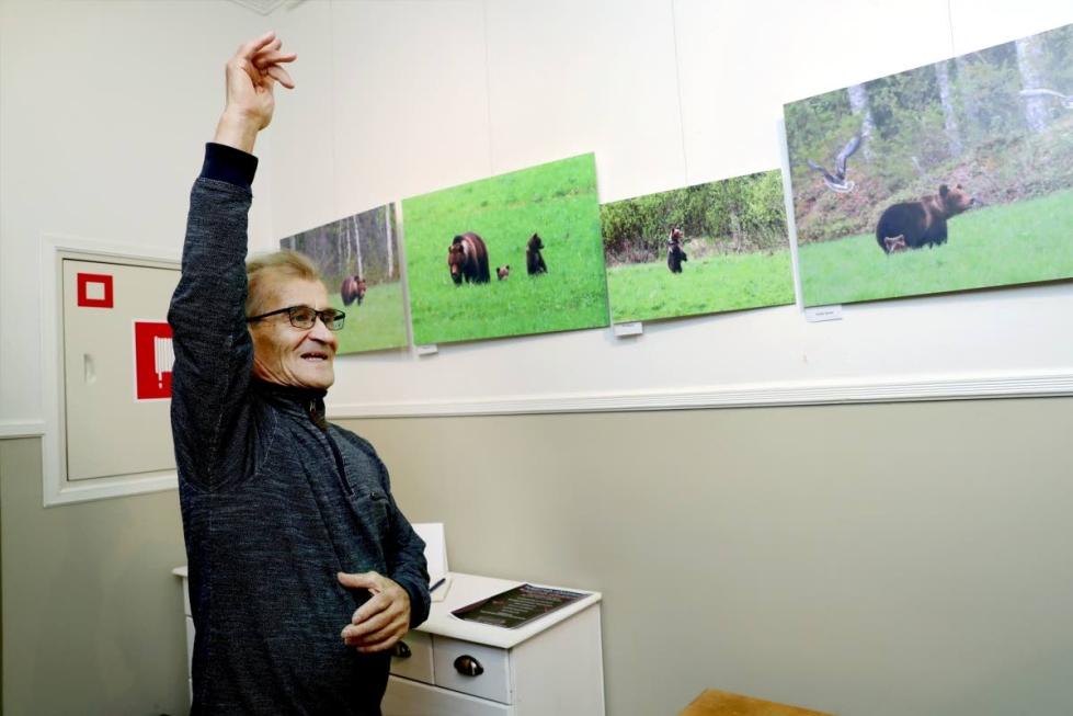 Näyttelyn valokuvat on kuvattu viimeisen viiden vuoden aikana. Kuvassa Matti Eskelinen näyttää kuinka hanhet lähtivät lentoon karhun leikin tieltä.