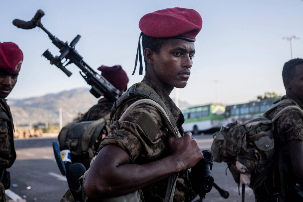 Etiopian kansallisten puolustusvoimien sotilaita Kombolchan alueella aiemmin joulukuussa. LEHTIKUVA/AFP