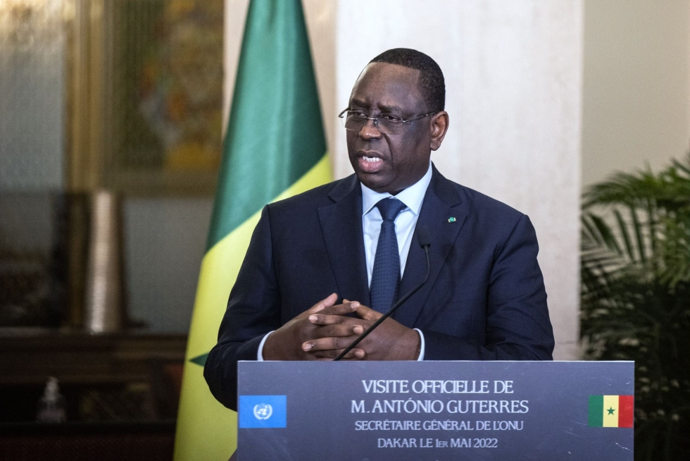 Senegalin presidentti Macky Sall kertoi suru-uutisen 11 vastasyntyneen kuolemasta sairaalapalossa. LEHTIKUVA/AFP
