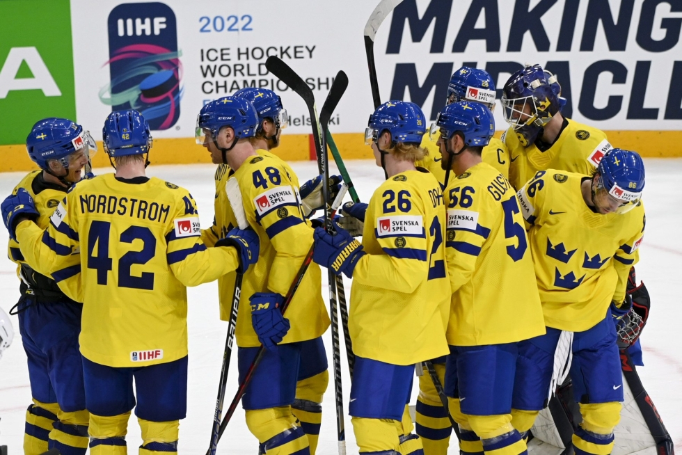 Ruotsi aloitti turnauksensa 3–1-voitolla Itävallasta Tampereen areenan päiväpelissä. LEHTIKUVA / Emmi Korhonen