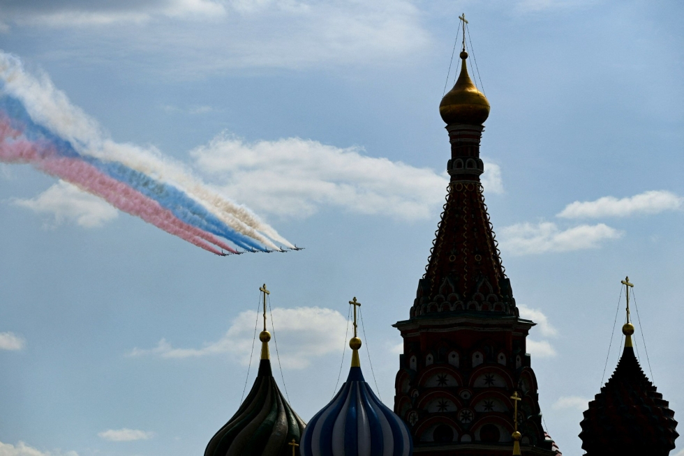 Venäjän presidentin Vladimir Putinin on määrä pitää voitonpäivänä puhe, jonka odotetaan tarjoavan vihjeitä siitä, miten sota Ukrainassa jatkuu. LEHTIKUVA/AFP