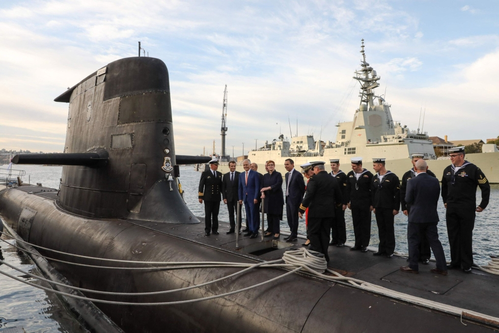 Ranskan presidentti Emmanuel Macron vieraili vuonna 2018 Australian laivaston sukellusveneellä Australian silloisen pääministerin Malcolm Turnbullin kanssa. LEHTIKUVA/AFP