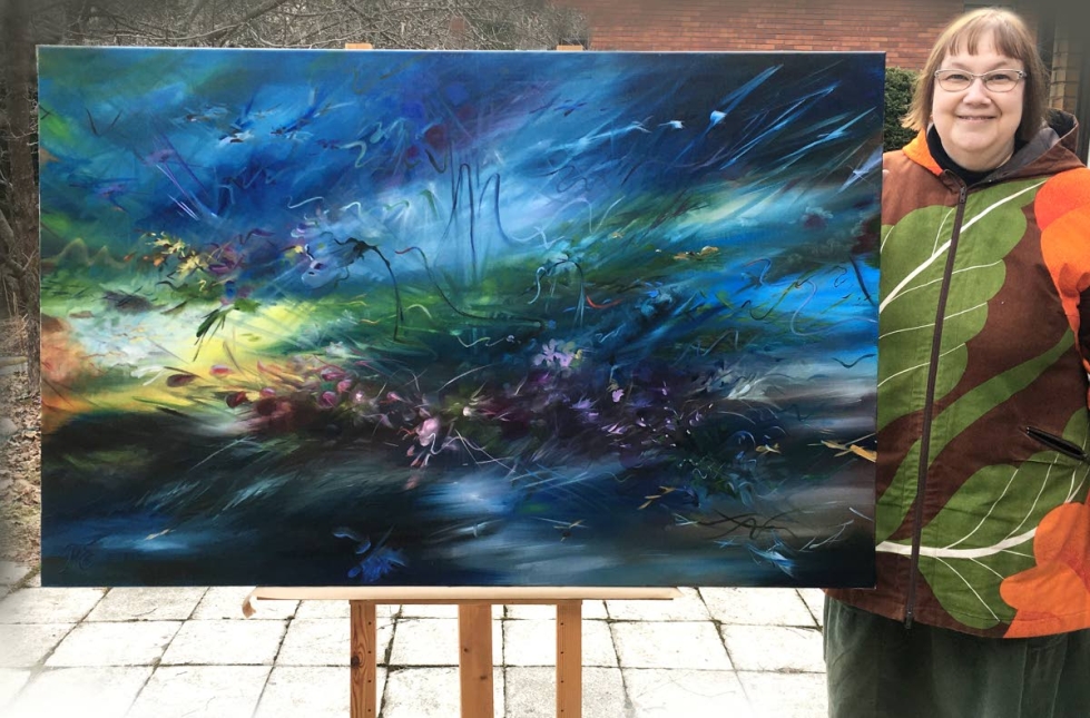 Outokumpulaislähtöinen Päivi Eerola on maalannut Linnunradan mielikuvitusgalaksiksi. Kuvassa näyttelyn teos  Juhla Neptunuksessa.
