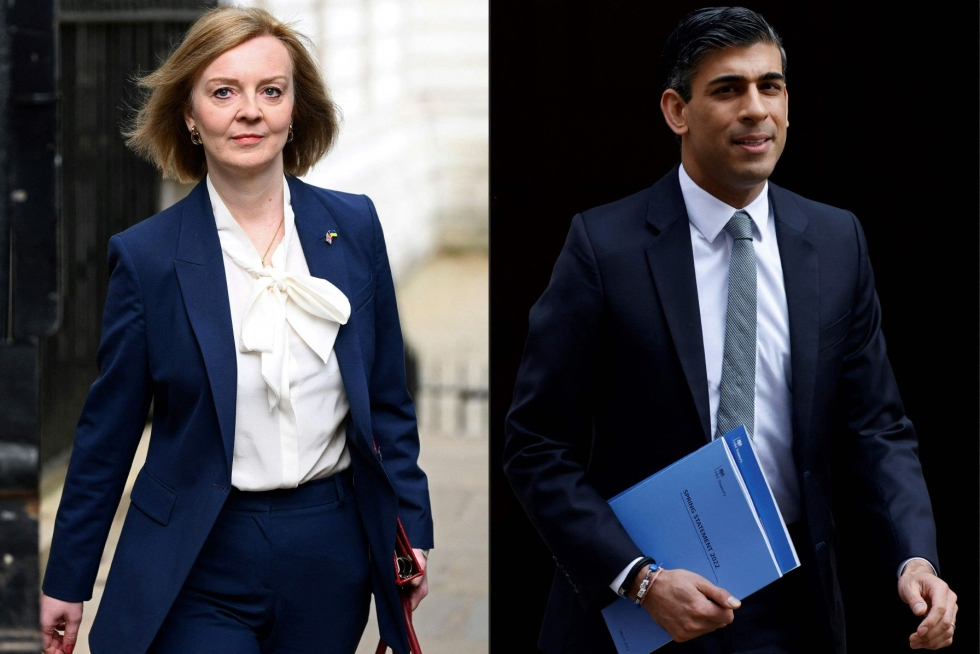 Britannian pääministerin paikkaa tavoittelevat ulkoministeri Liz Truss ja ex-valtiovarainministeri Rishi Sunak. LEHTIKUVA/AFP