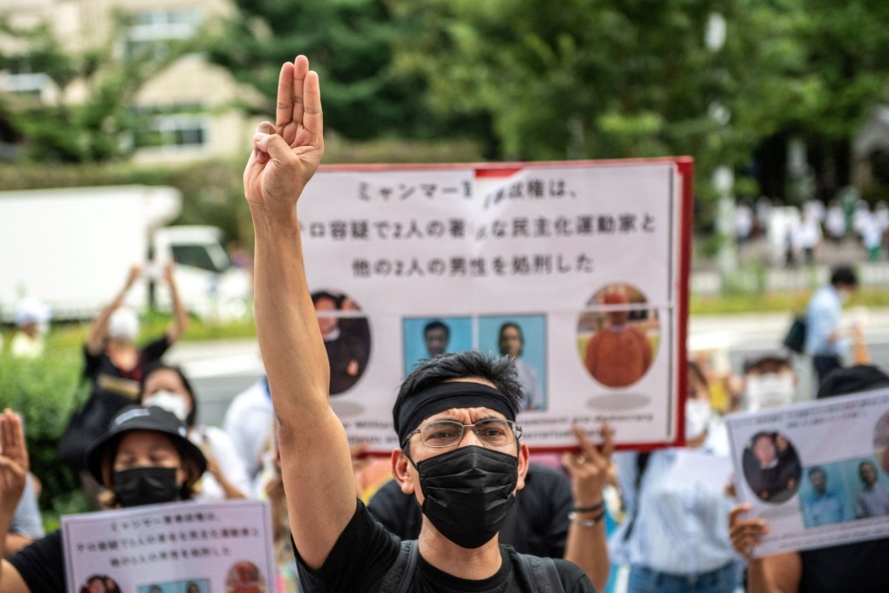 Demokratia-aktivistien teloitukset Myanmarissa johtivat muun muassa mielenosoitukseen Tokiossa. LEHTIKUVA/AFP
