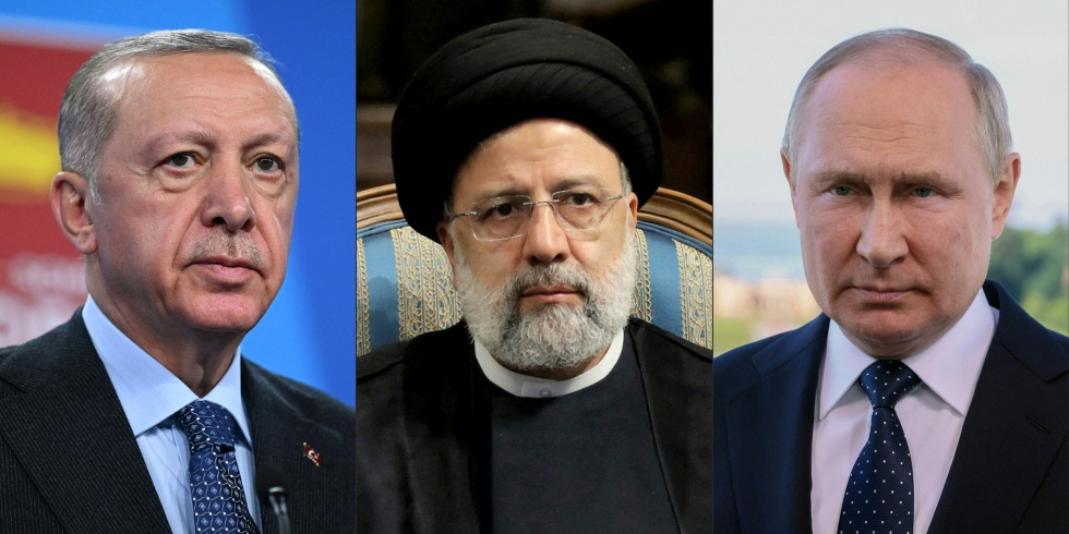Turkin presidentti Recep Tayyip Erdogan, Iranin presidentti Ebrahim Raisi ja Venäjän Vladimir Putin tapaavat huomenna Iranissa. LEHTIKUVA/AFP/HANDOUT/IRANIN PRESIDENTINKANSLIA
