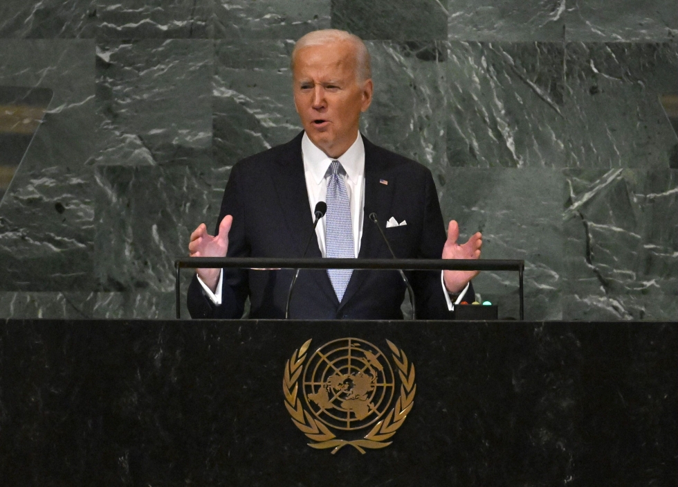 Yhdysvaltain presidentti Joe Biden katsoi Putinin loukanneen häpemättömästi YK:n peruskirjaa ja sen arvoja. LEHTIKUVA/AFP