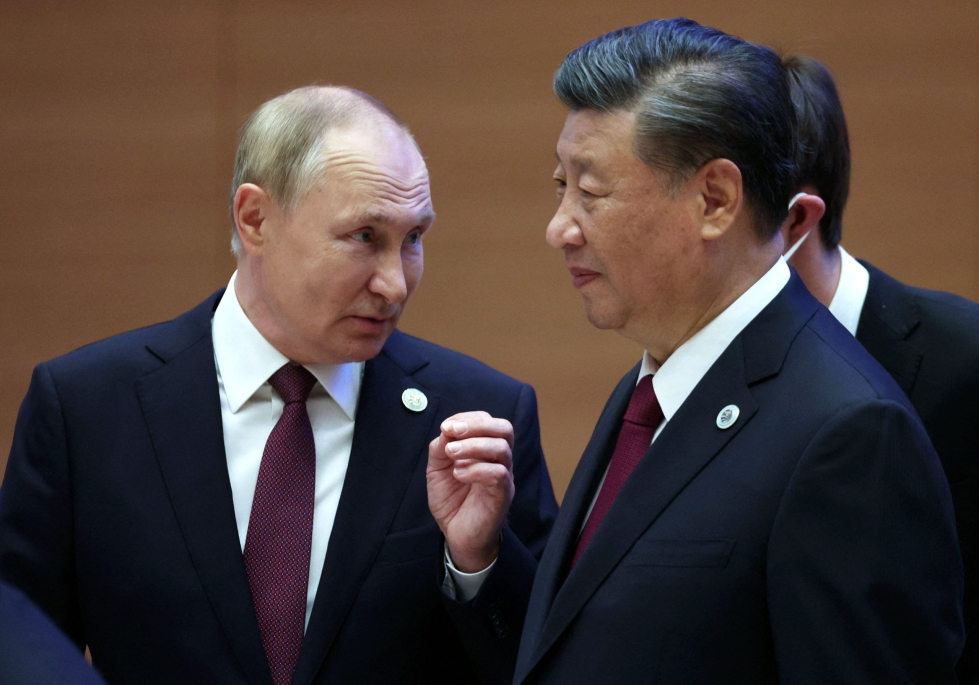 Venäjän presidentti Vladimir Putin ja Kiinan presidentti Xi Jinping osallistuivat Shanghain yhteistyöjärjestön kokoukseen Uzbekistanissa perjantaina. LEHTIKUVA/AFP