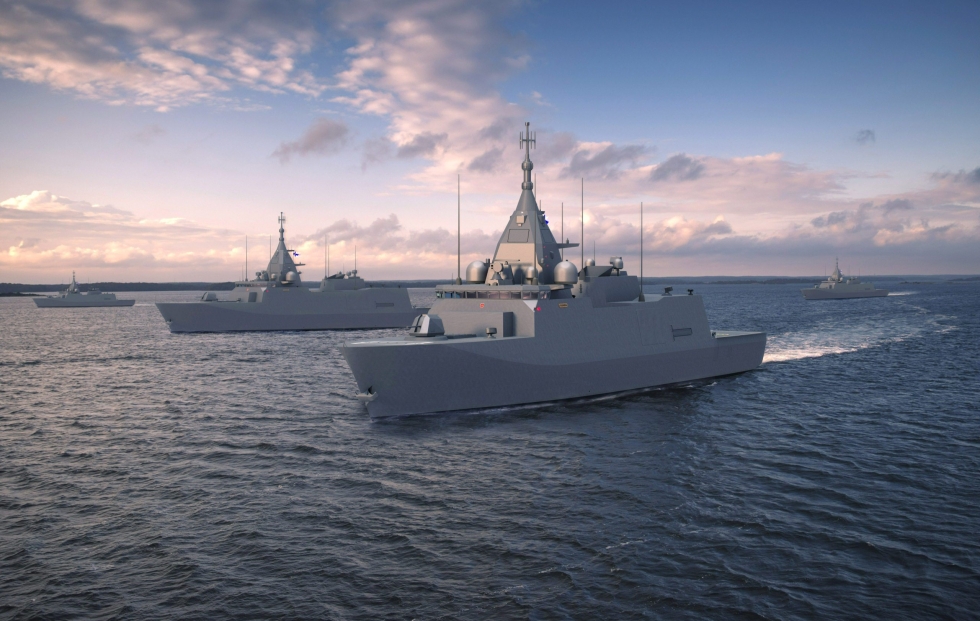 Puolustusvoimien havainnekuva Suomen merivoimien neljästä uudesta monitoimikorvetista saaristossa. LEHTIKUVA/HANDOUT/PUOLUSTUSVOIMAT