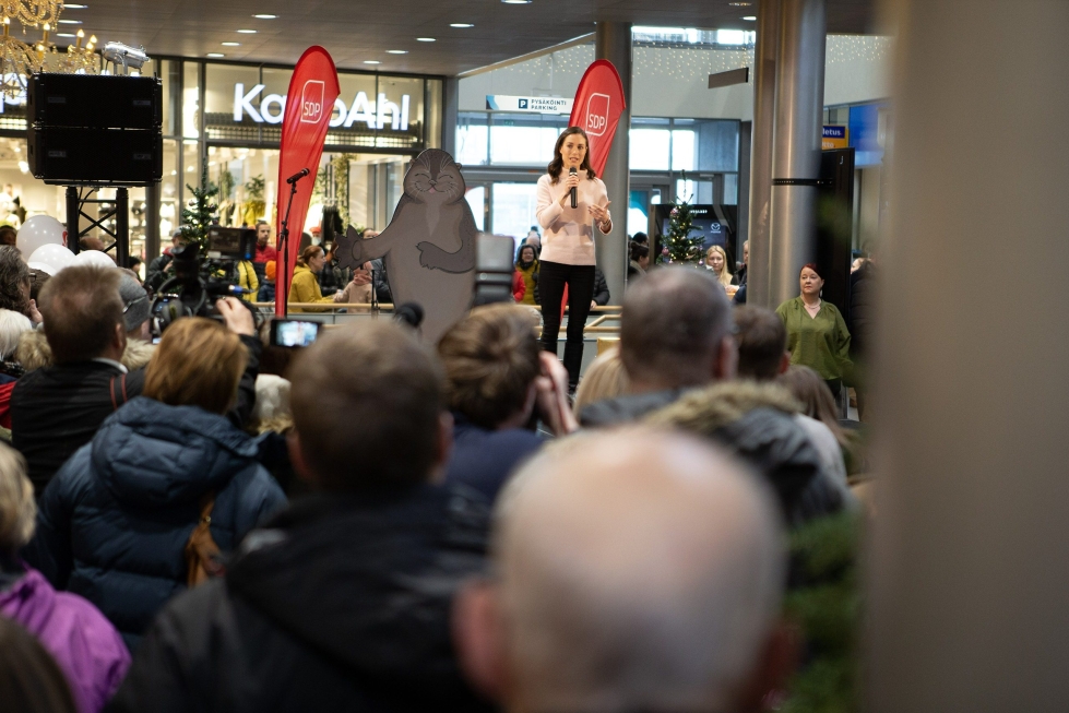 SDP:n puheenjohtaha, pääministeri Sanna Marin piti aamupäivällä vapaamuotoisen puheenvuoron yleisötilaisuudessa Lappeenrannassa. LEHTIKUVA / Lauri Heino