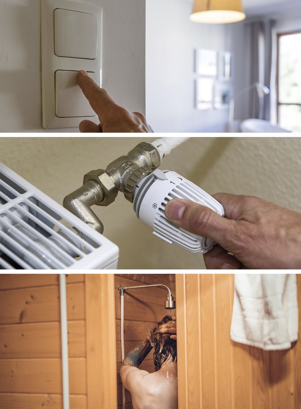 Muutamia yksinkertaisia ja tehokkaita energiansäästökeinoja: lämmitystä pienemmälle, turhat valot pois ja lyhyempiä suihkuja.