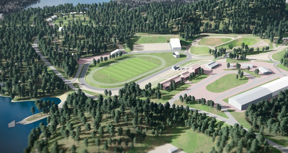 Visiohahmotelma Pärnävaaran keskeisimmästä alueesta. Oikealla sisääntuloalue palveluineen, keskellä majoitusrakennus, stadionkenttä ja katsomo.