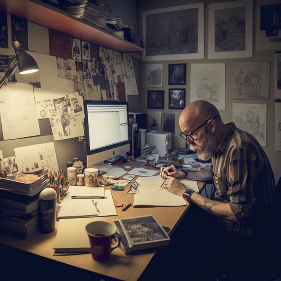 ”A culture journalist sitting in front of his desk, writing about art, detailed photo”. Kulttuuritoimittaja kirjoittaa taiteesta pöytänsä ääressä.