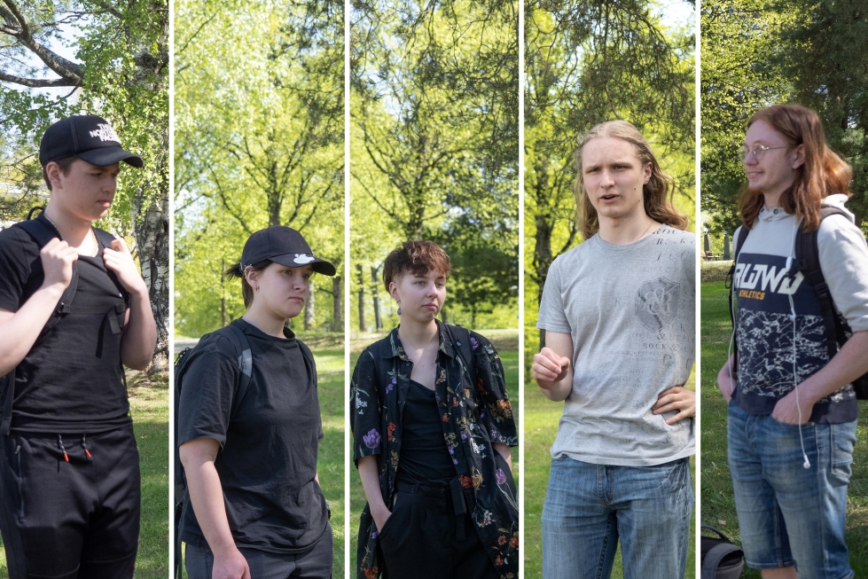 Kuvassa vasemmalta Joel Nisula, 18, Iida Mutanen, 18, Seve Tahvanainen, 18, Leo Pesonen, 17, ja Roman Pankov, 18. He ovat sitä mieltä, ettei kavereiden kanssa hauskanpito saa perustua pelkästään juomiseen. 