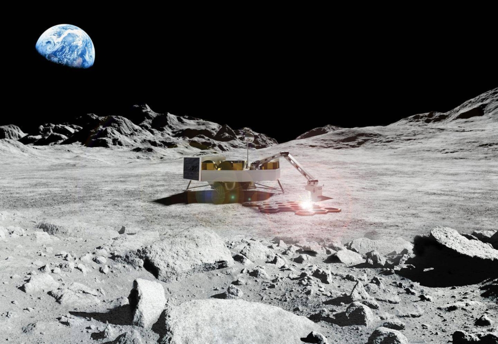 Suuri 3D-tulostin työskentelee Kuun pinnalla rakennusyhtiön havainnekuvassa. NASA uskoo, että tämä on todellisuutta jo lähivuosikymmeninä.