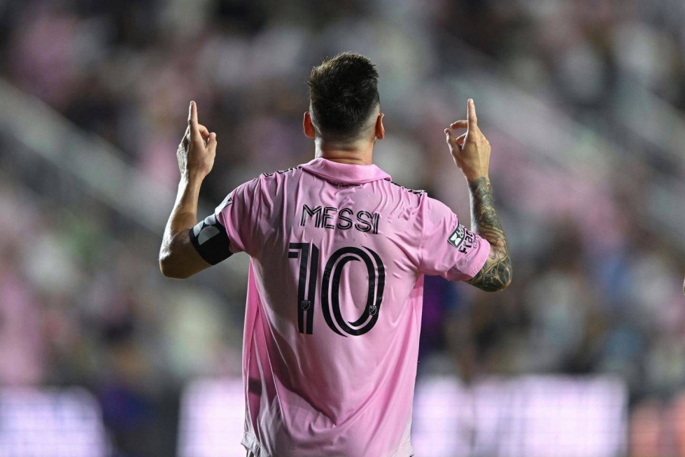 Lionel Messi tuuletti maalia Inter Miamin kotistadionilla Floridassa 11. elokuuta.