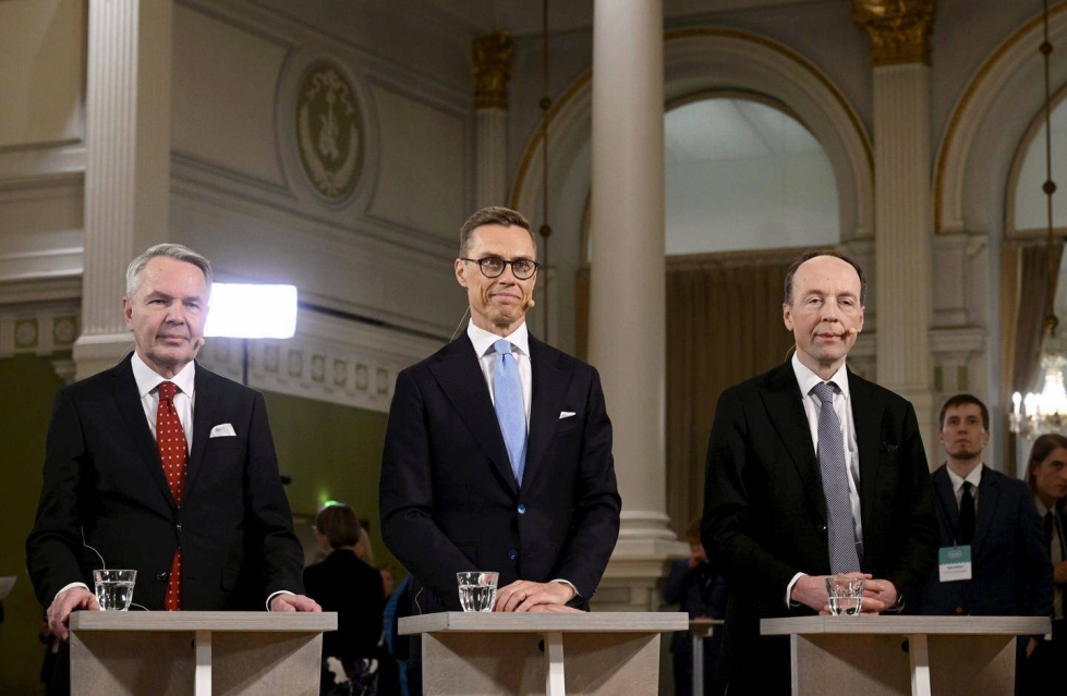Ensimmäisenä vaalipäivänä eniten ääniä keränneet Pekka Haavisto, Alexander Stubb ja Jussi Halla-aho Helsingin kaupungintalolla.