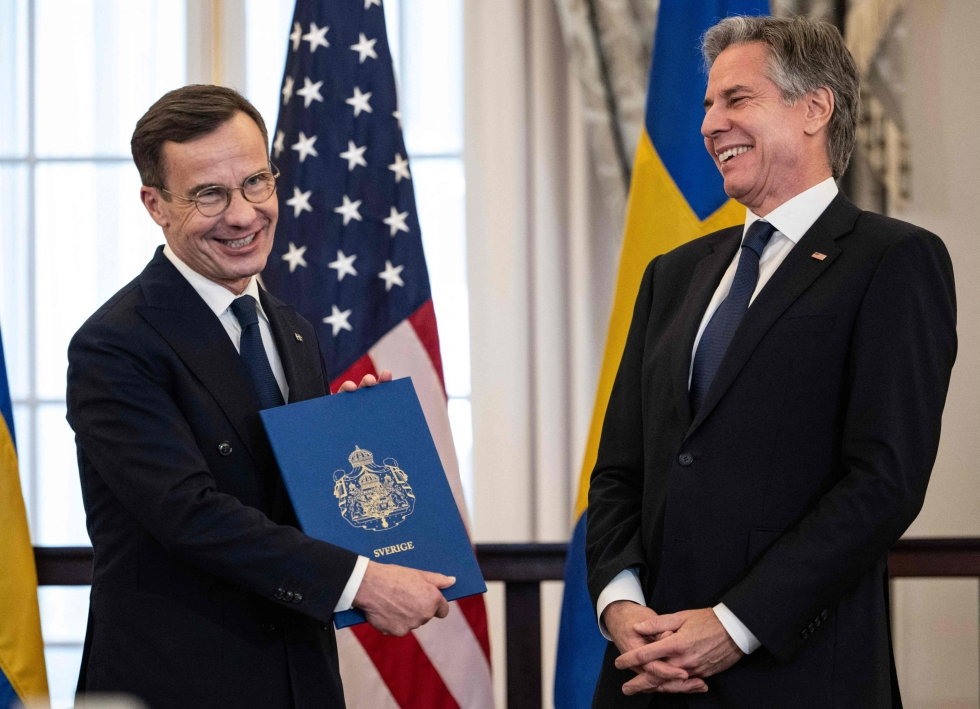 Ruotsi sinetöitiin Nato-maaksi torstaina. Kuvassa Ruotsin pääministeri Ulf Kristersson ja Yhdysvaltain ulkoministeri Antony Blinken.