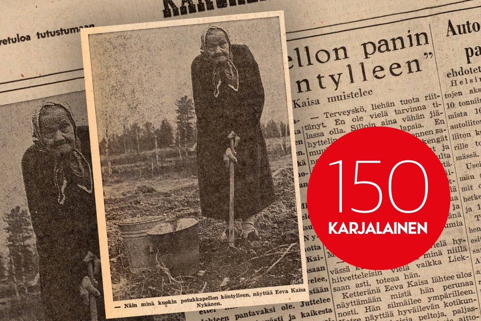 Pielisjärveläinen Eeva Kaisa Nykänen oli täyttämässä 91 vuotta, kun Karjalainen teki hänestä jutun vuonna 1964. Perunapellon kääntämisen lisäksi hän kertoi hurjista yksinäisistä kalareissuistaan.