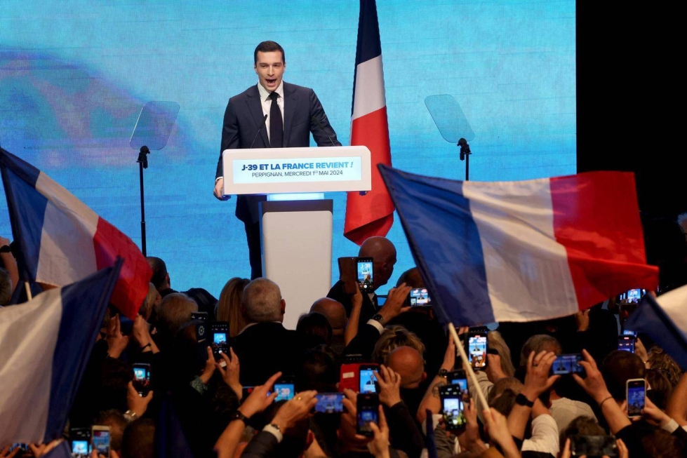 Ranskan äärioikeiston kellokas Jordan Bardella piti kampanjapuhetta Perpignanissa eteläisessä Ranskassa toukokuun alussa.