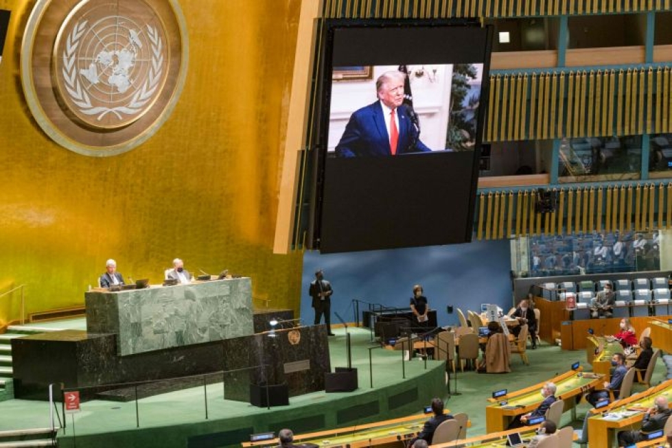Yhdysvaltain presidentti Donald Trump sanoi YK-puheessaan pitävänsä Kiinaa syypäänä koronaviruksen leviämiseen. LEHTIKUVA / AFP