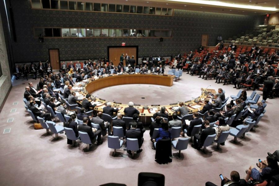 Tältä näyttää YK:n turvallisuusneuvoston kokous. Kuva toukokuulta. LEHTIKUVA/AFP