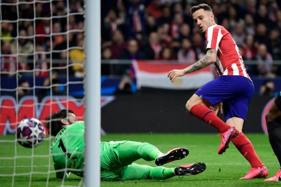 Atletico Madridin Saul Niguez teki jo neljännellä minuutilla maalin Liverpoolin verkkoon. LEHTIKUVA/AFP
