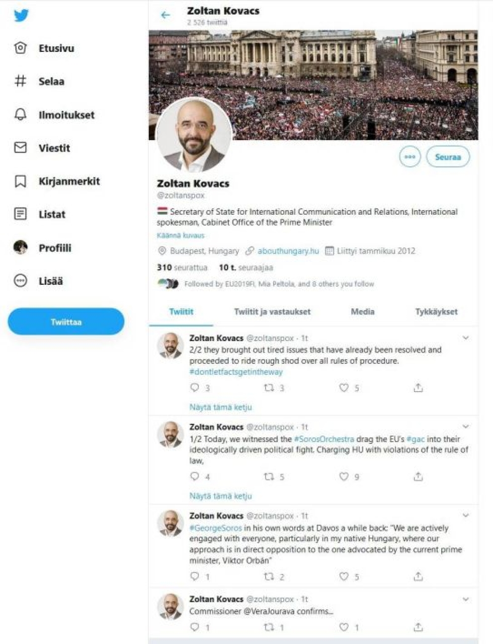 Unkarin hallituksen tiedottajan arvostelu Twitterissä kohdistui niin Suomeen puheenjohtajamaana kuin yksittäisten maiden puheenvuoroihin. LEHTIKUVA / HANDOUT / TWITTER