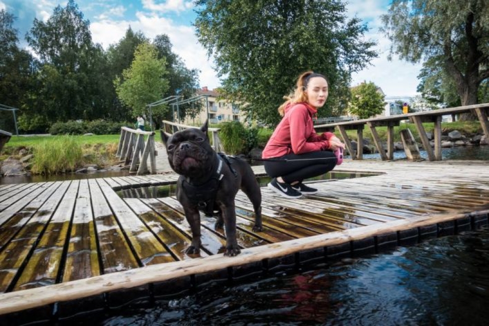 Kolmevuotias ranskanbuldoggi Bea vahtii Pielisjoen mattolaitureita omistajan elkein. Omistaja Anni Sarola vahtii puolestaan, ettei vettä rakastava koira luiskahda laiturilta jokeen.