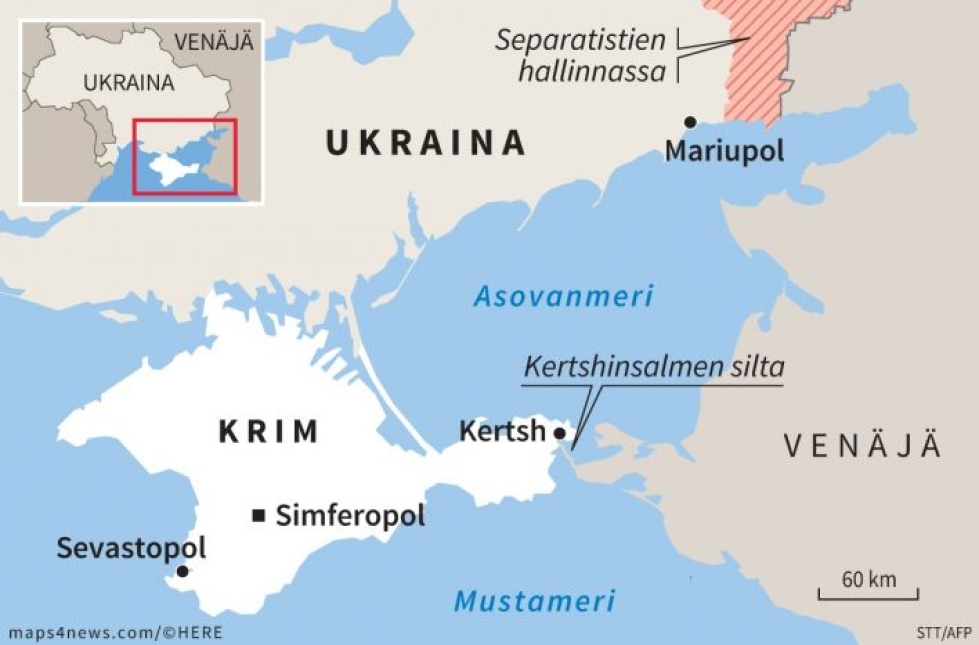 Venäjän ja Ukrainan välit kiristyivät sunnuntaina Mustallamerellä syntyneen kiistan takia. GRAFIIKKA: STT