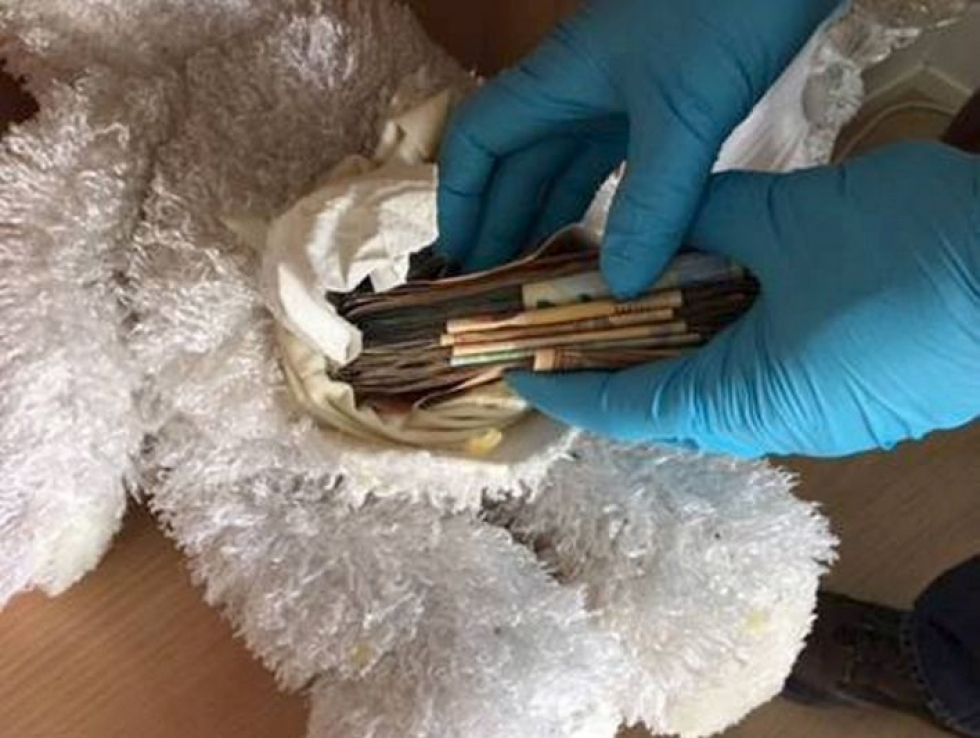 Poliisi löysi tuhansia euroja rahaa pehmonallen sisältä. Rahojen epäillään olevan peräisin Subutex-tablettien kaupoista. LEHTIKUVA / HANDOUT / HELSINGIN POLIISI