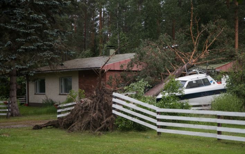 Myrsky kaatoi puun talon päälle Joensuun Kanervalassa.