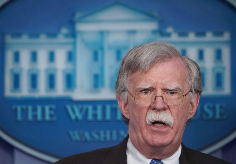 Valkoisen talon lehdistötilaisuudessa puhui myös kansallisen turvallisuuden neuvonantaja John Bolton, joka vetosi Venezuelan armeijaan. LEHTIKUVA / AFP
