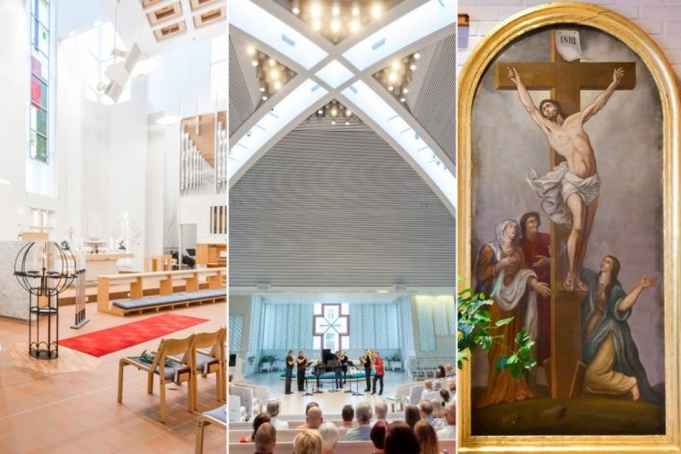 Pohjois-Karjalastakin löytyy uutta kirkkoarkkitehtuuria. Vasemmalla Noljakan kirkko Joensuussa, keskellä Lieksan kirkko. Oikealla Kiihtelysvaaran palaneesta kirkosta pelastettu alttaritaulu, joka odottaa parhaillaan uutta kotia.